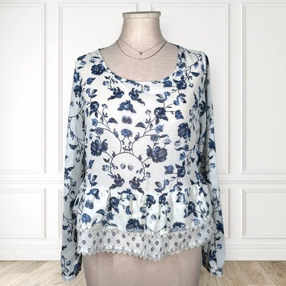 Xhilaration Tops - XHILIRATION Tiered Ruffle Floral Peplum Blouse Chiffon Long Sleeve Blue Small
